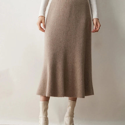 Autumn Winter Women New 100% Cashmere Fishtail Skirt  Mid Length Slimming High Waisted Knitted Umbrella Skirt Elegant Dress PlatiNum