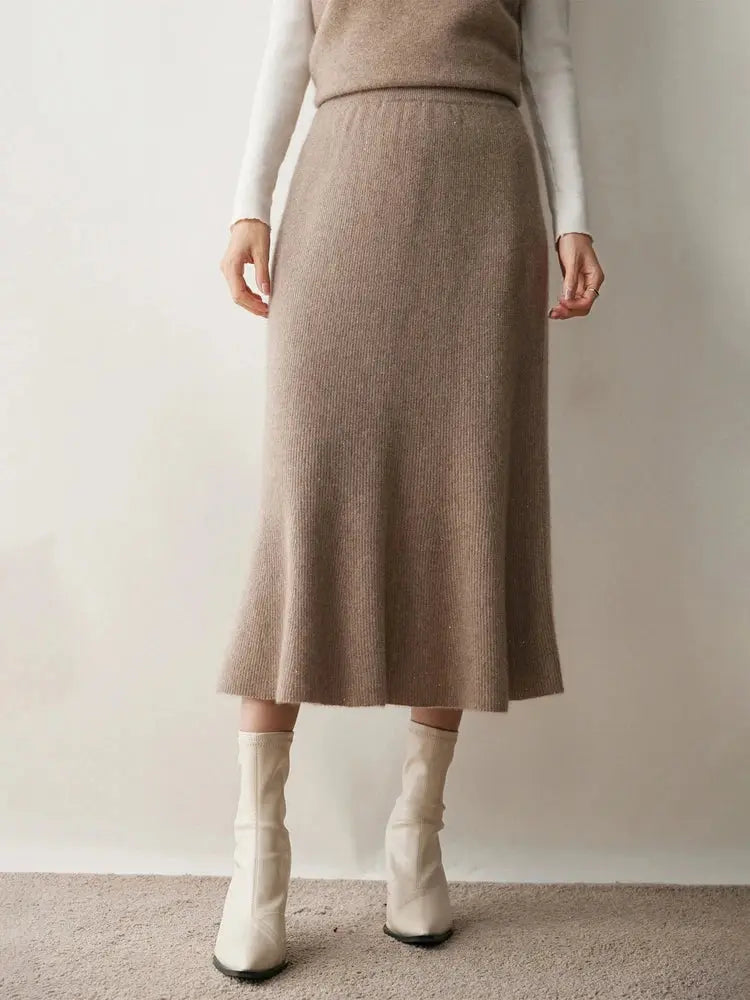 Autumn Winter Women New 100% Cashmere Fishtail Skirt  Mid Length Slimming High Waisted Knitted Umbrella Skirt Elegant Dress PlatiNum