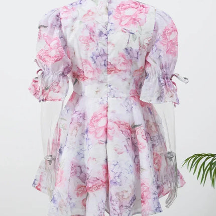 Elegant Mini Dress with Ruffles and Floral Patterns, Chic with Long Sleeves, Deep V-Neck, Slim Fit, A-Line, Short, 2026 Collection, Holiday and Street Dress for Women