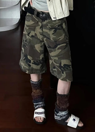 PBAP Camouflage Denim Bermuda Pants High Waist Pocket Patched Straight Cargo Jean Shorts Jorts Harajuku Vintage Women Streetwear PlatiNum