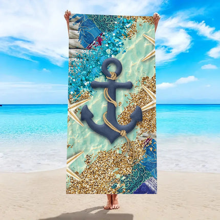 1pc Ocean Element Printed Beach Towel, Starfish Boat Anchor Gym Workout Towel For Travel Pool Yoga