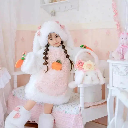 Cartoon Children Plush Rabbit Cosplay Costume Kawaii Kids Winter Warm Sets Top Pants Hat Suit Girl Halloween Party Outfits Gift