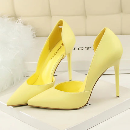 Donne di estate 10.5 centimetri Tacchi Alti Pompe di Pelle Femminile Escarpins Elegante Dolce Giallo Rosa Stiletto Della Signora Tacchi Da Sposa Scarpe Cave