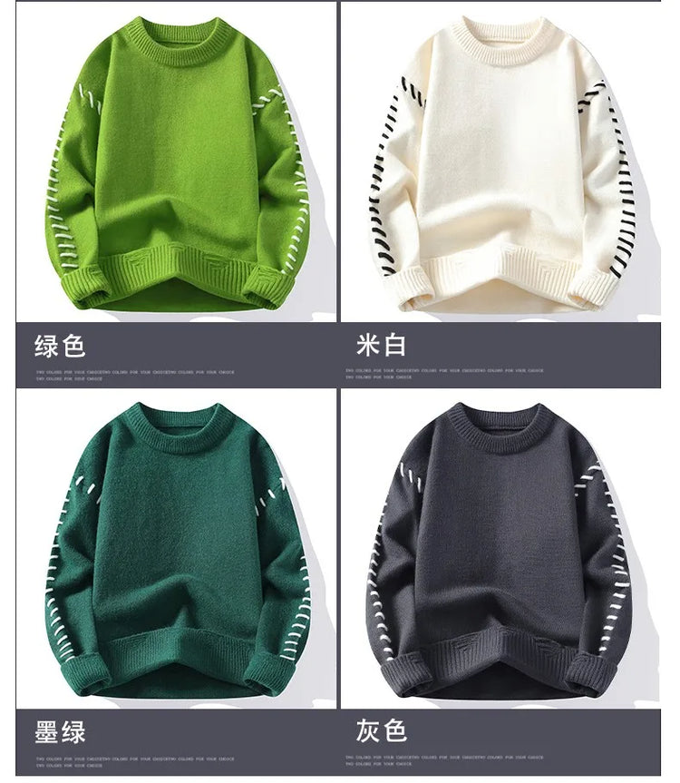 Solid Color Trendy Loose Knit Sweater With Coarse Yarn Weaving Pattern For Autumn And Winter Men's Top And Street Pullover