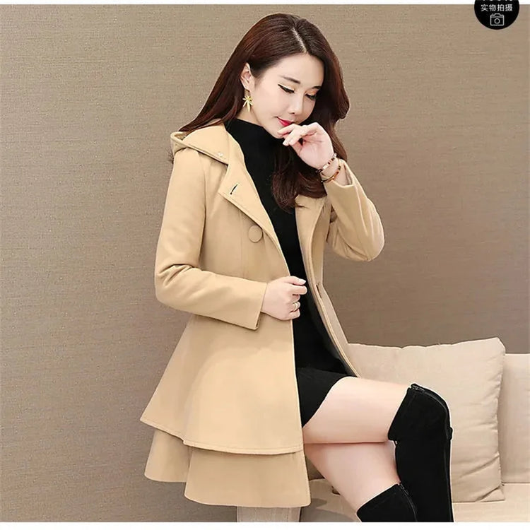 2023 New Winter Women's Woolen Blend Coat A-Line Double-Breasted Jackets Female Fur Collar Office Lady Wool Outwear