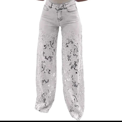 Jeans a Vita Alta e Gamba Larga, Pantaloni Estivi alla Moda con Inserti in Pizzo, Jeans in Denim Traforato e Drappeggiato, Jeans da Donna in Cotone con Cerniera per Primavera