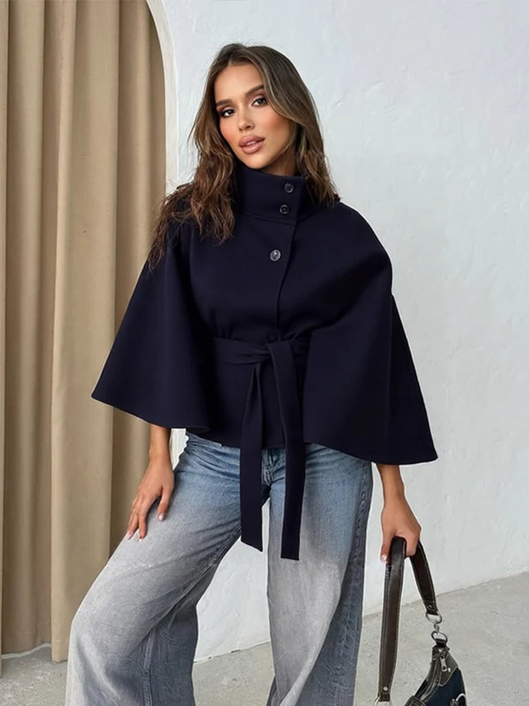 Elegant Wool Blend Cropped Coat With Belt For Women Chic Stand Collar Button Three Quarter Sleeve Jacket 2025 Autumn Outerwear