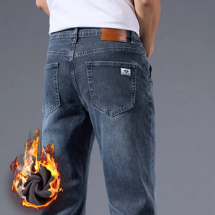 Business Casual Stretch Denim Pants Work Velvet Flocking Trousers High Quality Men's Winter Warm Fleece Lined Thicken Jeans
