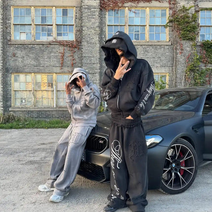 Retro hip hop Y2K street distressed color ripped design casual loose couple set trendy punk high street gothic fashion coat PlatiNum