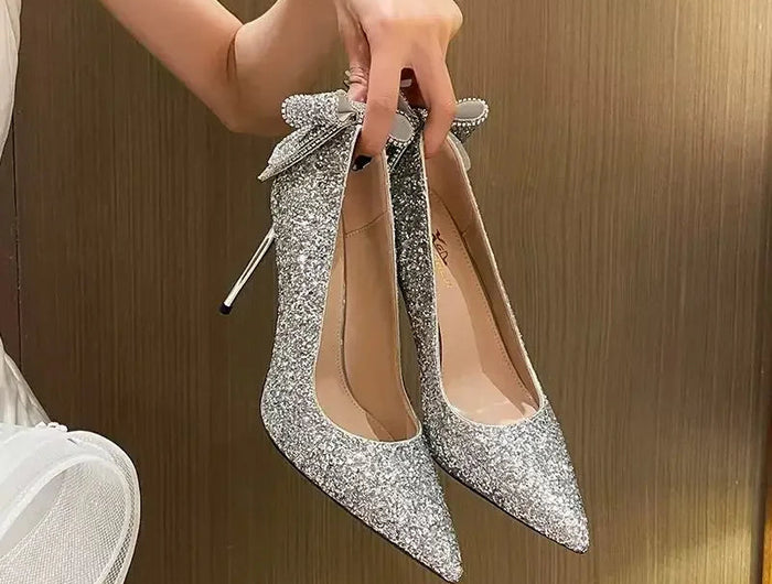 Shoes for Woman 2025 Silver Women's heeled Summer Footwear Wedding Bride Shoe Rhinestone Pointed Toe Super High Heel Diamond PlatiNum