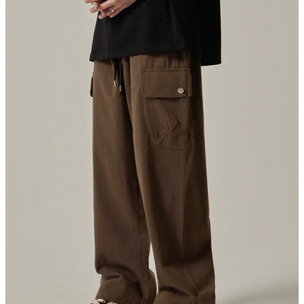 Men's Sweatpants 2025 Spring Autumn Vintage Japanese Wide Leg Straight Loose Button Big Pockets Cargo Pants Drawstring Trousers