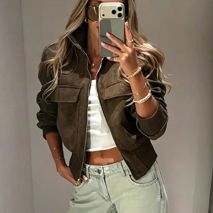 Ladies Short Vintage Faux Suede Autumn Winter Jacket Women Coat Stand-Collar Zip-up Field Trendy Streetwear Chic Jacket Female