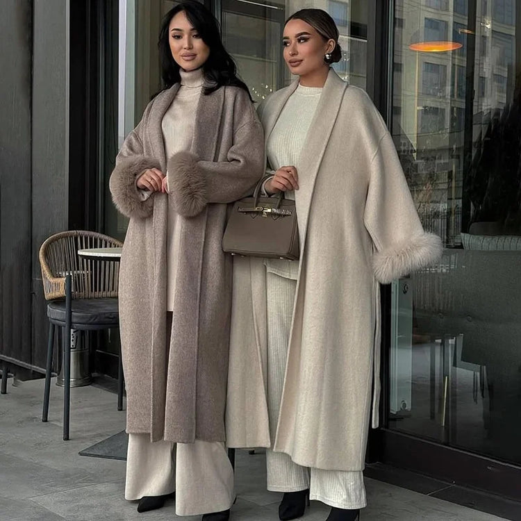 TARUXY Fox Fur Woolen Long Coats Women's Office Lady Removable Elegant Coat Double-sided Wool Overcoat 2025 New Cardigan Jacket