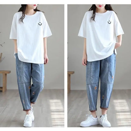 Jeans Strappati a Nove Punti da Donna, Nuovi Pantaloni Harem Casual Sottili con Vita Elastica, Lunghi alla Caviglia, in Denim, per l'Estate 2026