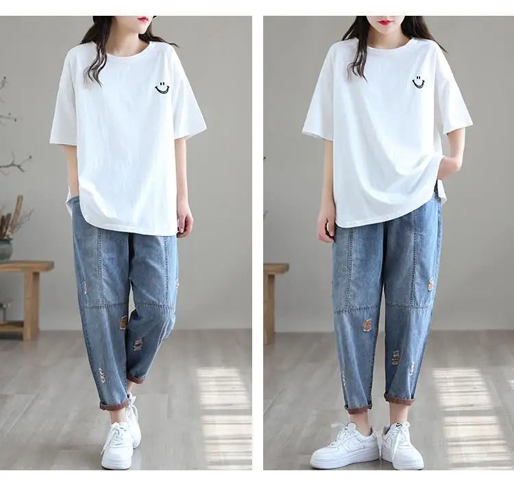 Jeans Strappati a Nove Punti da Donna, Nuovi Pantaloni Harem Casual Sottili con Vita Elastica, Lunghi alla Caviglia, in Denim, per l'Estate 2026