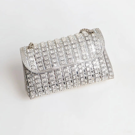 Fashionable Retro Diamond Studded Gold Chain Women's Crossbody Bag Handbag Dinner Bag Underarm Bag Single Shoulder Bag PlatiNum