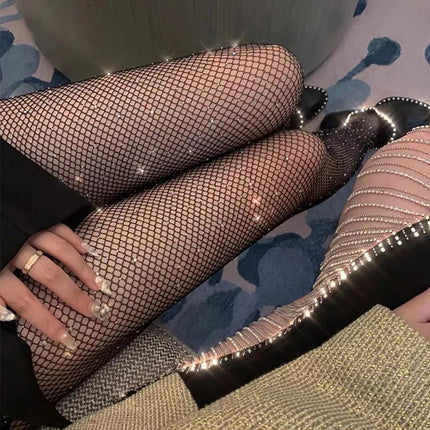 2024 estate a rete diamante collant per le donne moda sexy collant a rete lucida femminile sottile strass maglia calze di nylon collant