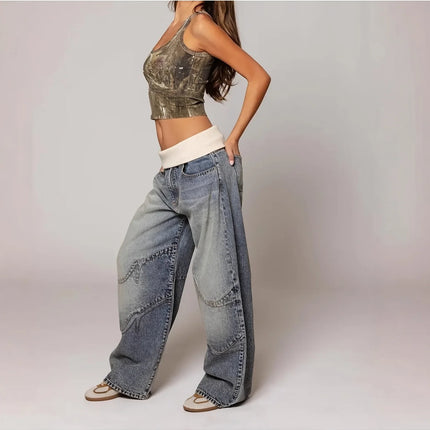 Jeans con Vita Pieghevole - Pantaloni in Denim Vintage Streetwear Blu Lavato a Gamba Larga per un Look Retrò Chic