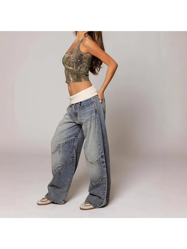 Jeans con Vita Pieghevole - Pantaloni in Denim Vintage Streetwear Blu Lavato a Gamba Larga per un Look Retrò Chic