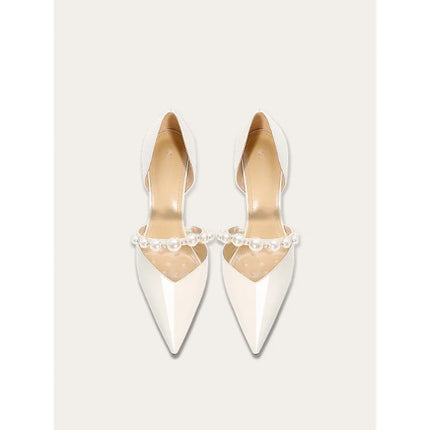 Scarpe da donna con tacco alto a punta Scarpe da sposa bianche francesi in raso con cinturino in strass e perle