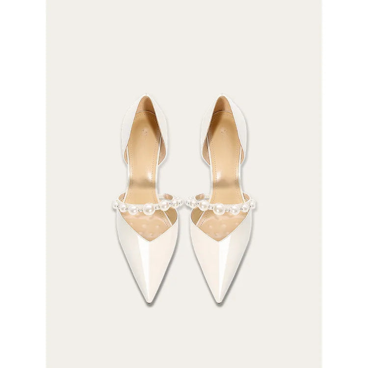 Scarpe da donna con tacco alto a punta Scarpe da sposa bianche francesi in raso con cinturino in strass e perle