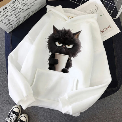 Funny Cute Cat Sweatshirt for Women Aesthetic Y2k 90s Hoodies Harajuku Graphic Pullovers 2000s Ulzzang Gothic Streetwear Female