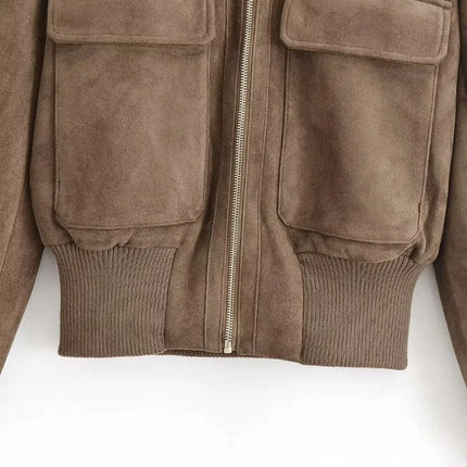 Ladies Short Vintage Faux Suede Autumn Winter Jacket Women Coat Stand-Collar Zip-up Field Trendy Streetwear Chic Jacket Female