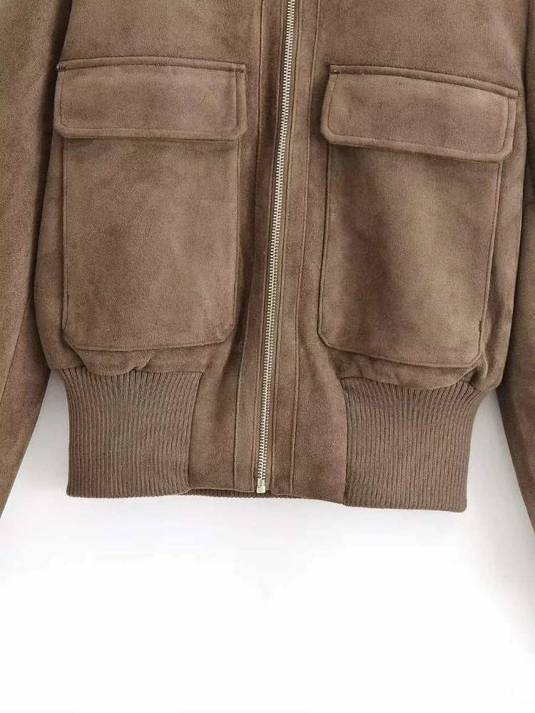 Ladies Short Vintage Faux Suede Autumn Winter Jacket Women Coat Stand-Collar Zip-up Field Trendy Streetwear Chic Jacket Female
