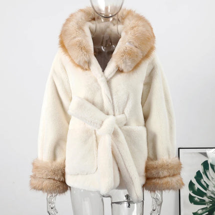 Cotton Lined Furry Fur Collar Belts Jacket Women Fashion Long Sleeve Thicken Warm Female Coat 2025 Winter Street Casual Outwear