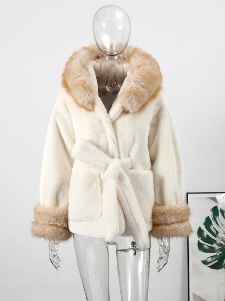 Cotton Lined Furry Fur Collar Belts Jacket Women Fashion Long Sleeve Thicken Warm Female Coat 2025 Winter Street Casual Outwear
