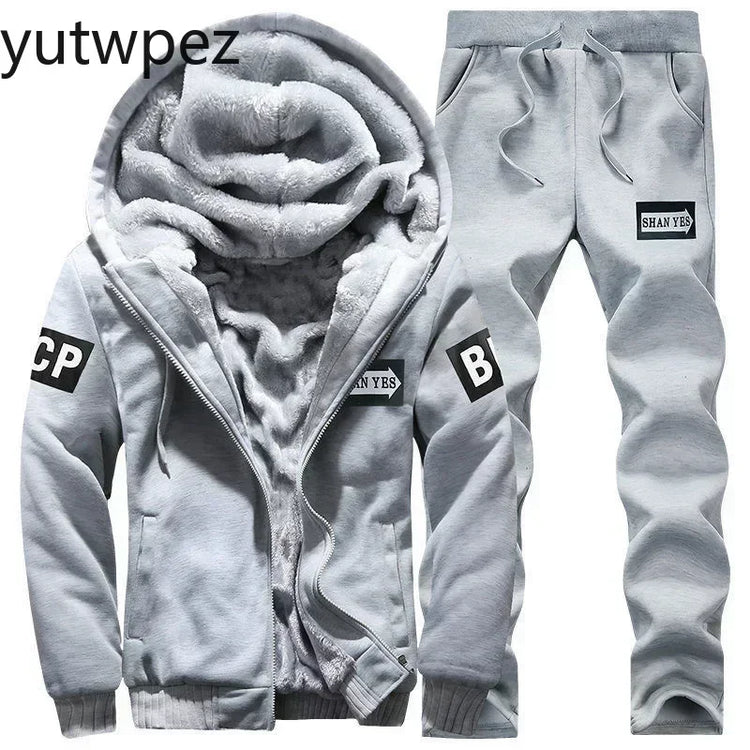 M-6XL Men's Winter 2 Piece Tracksuit Set, Thickened Warm Hooded Coat & Sweater, Outdoor Hiking Cycling Camping Running Outerwear