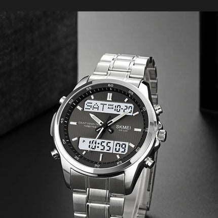 Skmei orologio da polso analogico al quarzo da uomo cinturino in acciaio inossidabile di lusso Led impermeabile digitale sportivo sveglia a tre fusi orari platinumshop