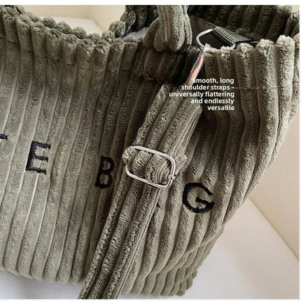 Large Capacity Striped Velvet Handbag Shoulder Bag for Woman Handbags Crossbody Bags, Versatile Letter Corduroy Women's Tote Bag PlatiNum