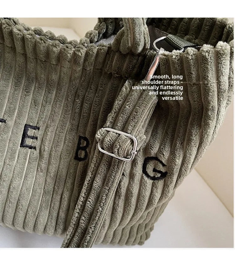 Large Capacity Striped Velvet Handbag Shoulder Bag for Woman Handbags Crossbody Bags, Versatile Letter Corduroy Women's Tote Bag PlatiNum