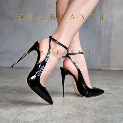 2025 Sandali a punta sexy con tacco ultra alto eleganti sandali estivi in vernice con reggicalze tacchi alti abito alla moda scarpe da donna per banchetti