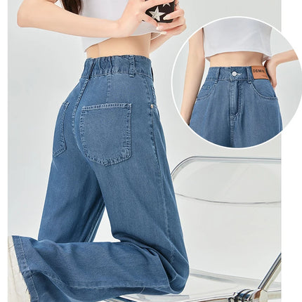 Jeans estivi donna seta ghiaccio vita alta blu sciolto moda coreana semplice tempo libero tutto-fiammifero quotidiano gamba larga elegante Trendy Chic