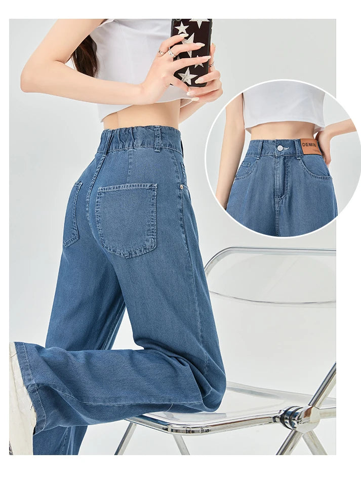 Jeans estivi donna seta ghiaccio vita alta blu sciolto moda coreana semplice tempo libero tutto-fiammifero quotidiano gamba larga elegante Trendy Chic