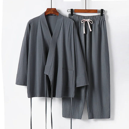 2025 Men's Summer Cotton Linen Two Pieces Chinese Style Lace Up Kimono Tops+Pants Casual Suit Male Vintage Hanfu Tang Suit M-9XL PlatiNum