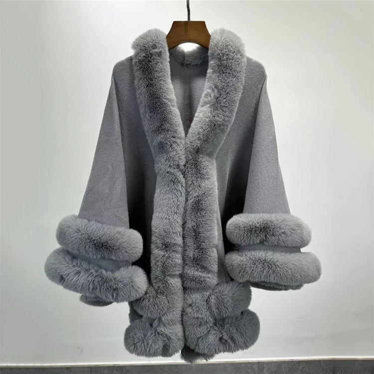 5 Colors 2024 Women 2 Circle Faux Rabbit Fur Cape Poncho Winter Loose Warm Shawl Outerwear Cashmere Cloak Overcoat