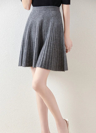 Preppy Style women's 100% Merino Wool Skirts Autumn Winter Pleated Skirt Cashmere Knitwear Short A-Line Above Knee Skirt PlatiNum