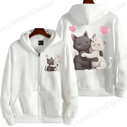 Zip‑Up Hoodie Funny Climbing Cats Graphic Print Long Sleeve Hooded Sweatshirt Front & Back Printed Casual Loose Jacket Outerwear
