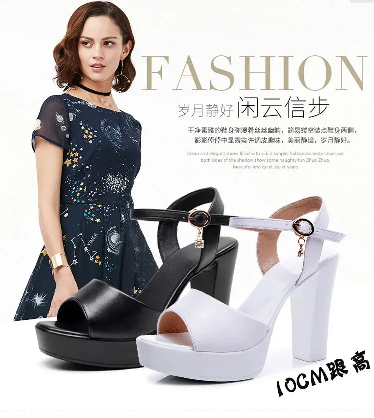 Size 32-43 2024 Genuine Leather Fashion Fish Mouth Women'S High Heel Summer Shoes Dress Sandals Female Woman Sandals Platform PlatiNum