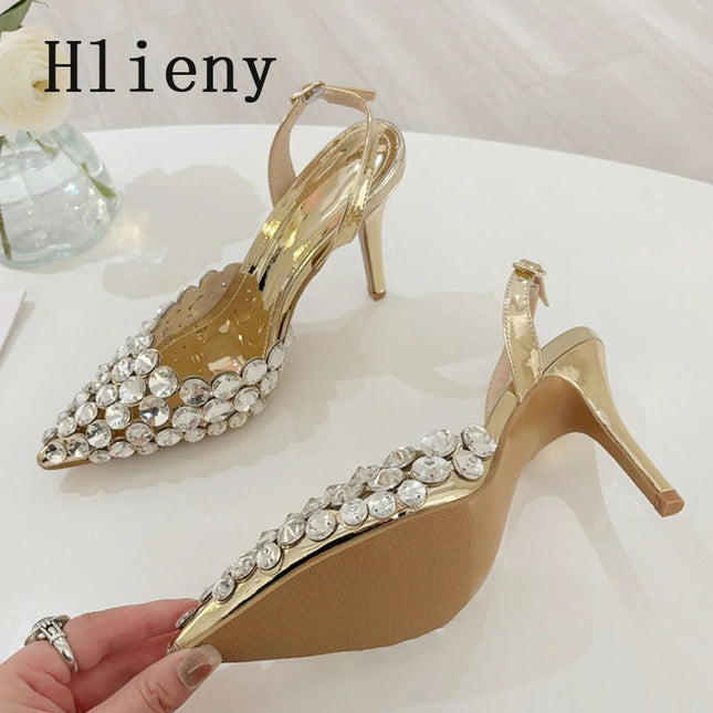 Hlieny Hollow Out Patent Leather Women Pumps Fashion Crystal Diamonds Pointed Toe Gold Silver High Heels Shoes Stiletto Sandals PlatiNum