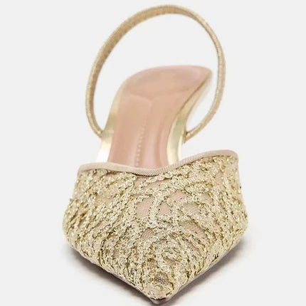 Gold Mesh Embroidered Floral Design Mules Sandals Women Sexy Pointed-Toe Back Strap High Heels for Ladies Elegant Party Shoes PlatiNum