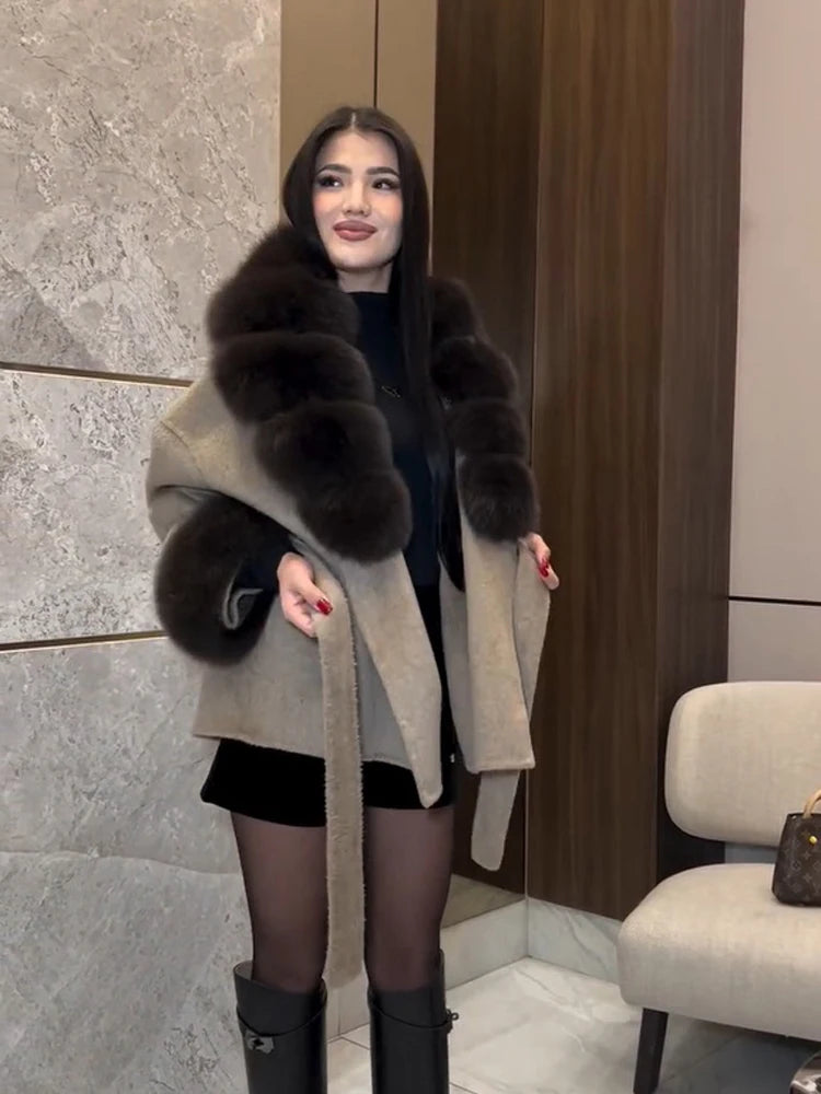 Women Wool Blend Coat Big Faux Fur Collar And Cuffs Belted Waist Wrap Loose Winter Jacket Thick Warm Elegant Lady Outerwears