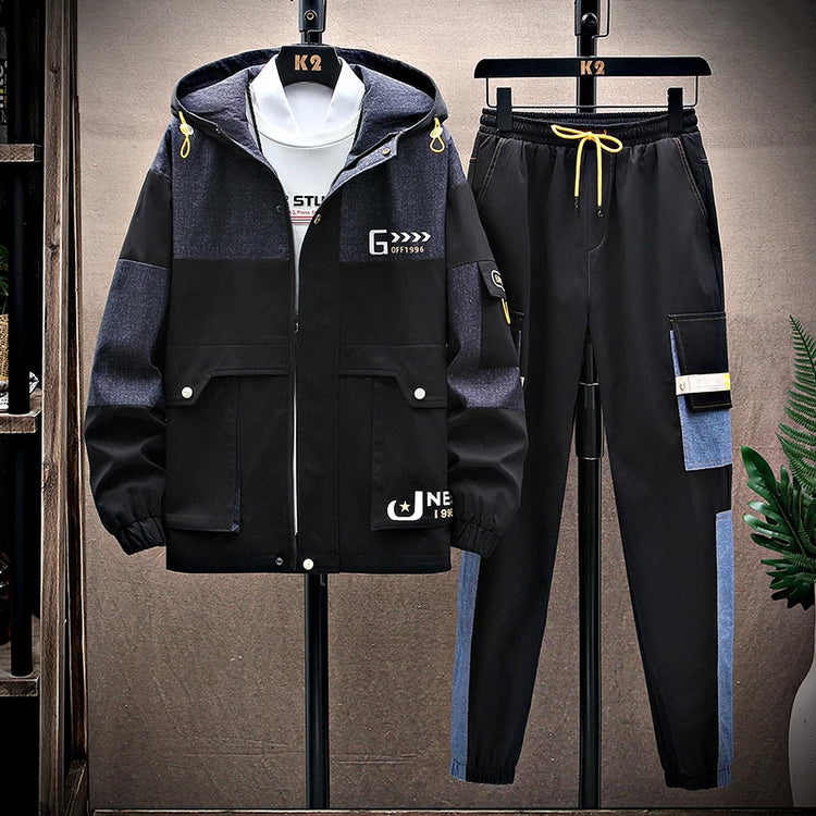 Spring Men Sportswear Tracksuit 2 Piece Running Sets Sports Hooded Jacket+Pant Sweatsuit Male Print Clothing Streetwear