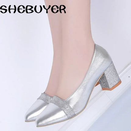 Spring Summer Sexy Fashion Women Med Heels Shoes Woman Slip on Pointed Toe Pumps Shoes Ladies Gold Silver Bling Shoes Size 35-41 PlatiNum