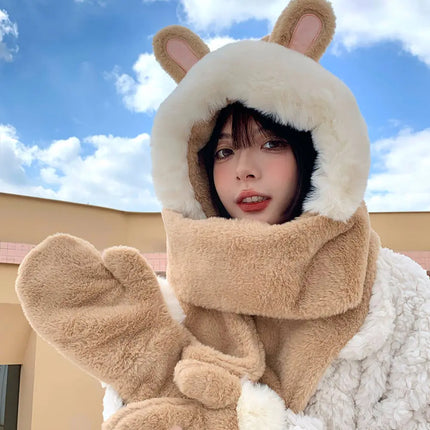 New Fashion Scarf Hat Glove Women Cute Big Ear Bunny Beanie Winter Warm Soft Thickening Pocket Warm Ear Hats Hooded Skullie Caps