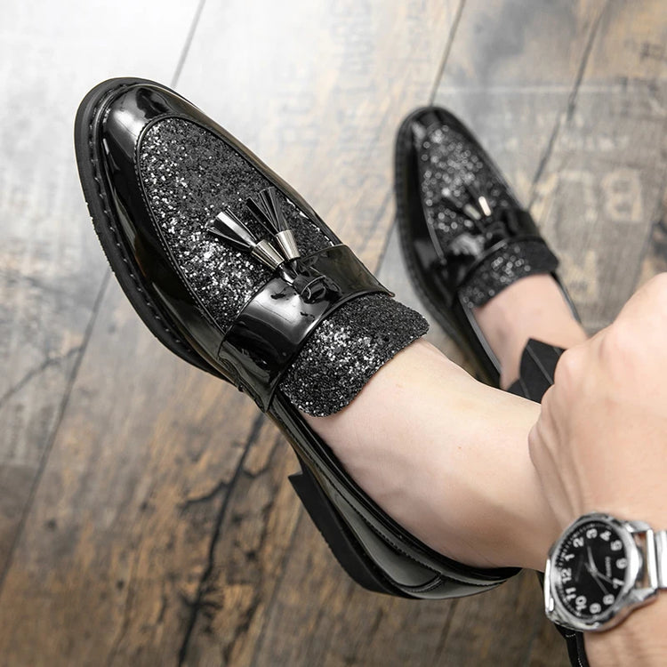 Mocassini di Lusso da Uomo con Tacco Basso, Slip-on Casual in Pelle Dorata, Scarpe da Festa con Nappe, Scarpe Eleganti da Uomo, Scarpe con Plateau da Uomo