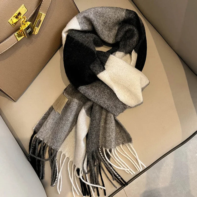 High Quality 100% Pure Wool Scarf Women Classic Chic  Autumn Winter Colorful Plaid Tassel Warm Muffler Female Thermal Shawl Lady